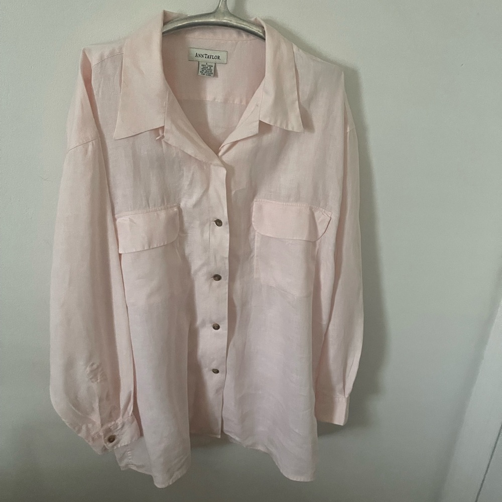Ann Taylor Baby Pink 100 Soft Linen long sleeve button down shirt Woman Sz Large